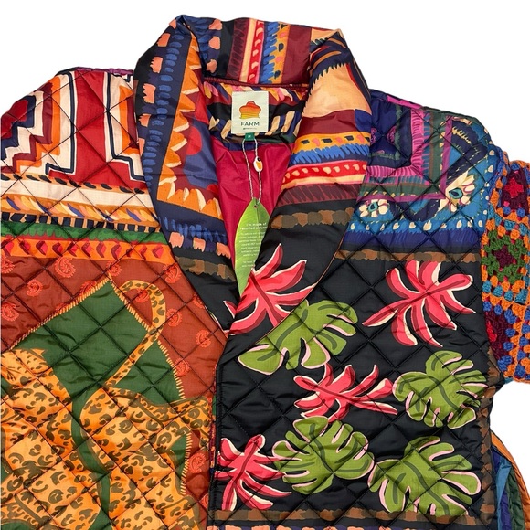 FARM RIO Patchwork Coat Quilted Crochet Sweater Sleeve Trench Boho Print Jacket - Picture 7 of 16